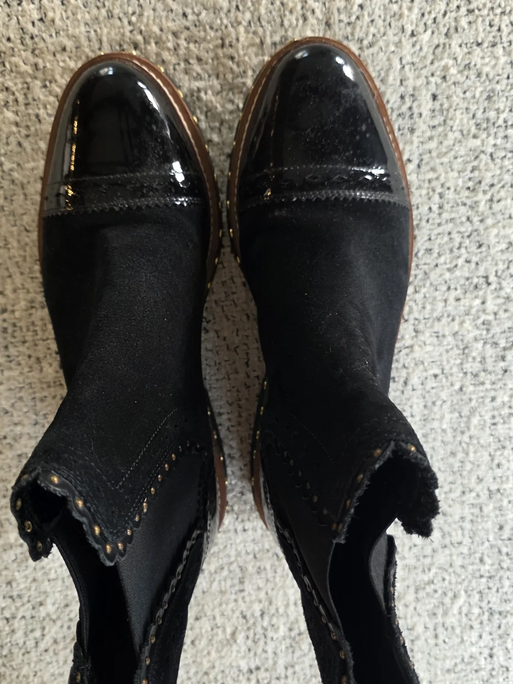 Free People Black Suede Patent Leather Studded Chelsea Ankle Boots 38/ Size 8